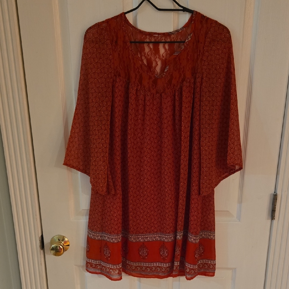 Rust Red Boho Lace-Trim Tunic Dress